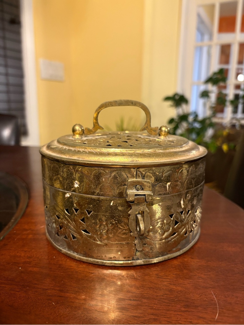Vintage Round Brass Cricket Trinket  Box With Hinged Lid 6” x3”